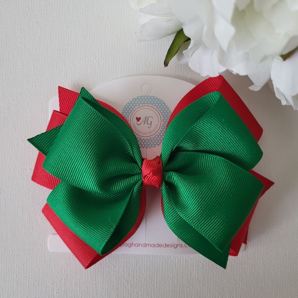 READY TO SHIP Red and Green Hair Bow, Christmas Hair Bow, Holiday Hair Bow, 5" Hair Bow, Girls Hair Bows, Toddler Hair Bow, Christmas Bow