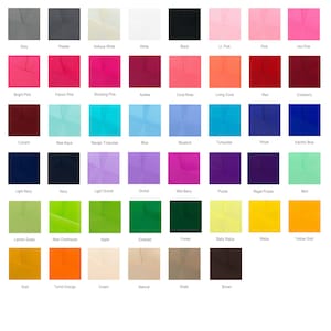 May include: A color chart featuring forty-eight square swatches arranged in a grid, each displaying a distinct solid color with its corresponding name printed in black text underneath, including shades of grey, pink, blue, green, and yellow.