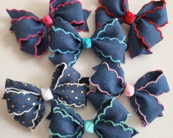 Denim Moonstitch Ribbon Small Hair Bows for Girls