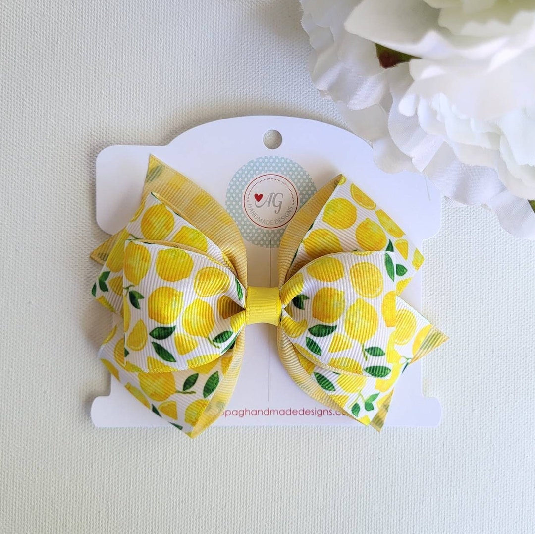 Lemon Print Hair Bow, Summer Lemon Hair Bow, Lemon Bow, 4 Inch Hair Bow
