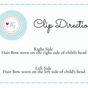 May include: A graphic showing the clip direction for a hair bow. The text reads "Clip Direction" with "Right Side" and "Left Side" instructions for how to wear the hair bow.