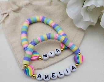 Kids Bracelet, Rainbow Heishi Bead Bracelet, Personalized Kids Bracelet, Kids Bracelet, Heart Bracelet, Pastel Color Bracelet, Bracelet