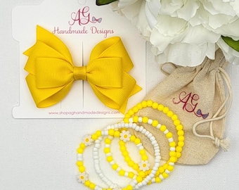 Spring Daisies Hair Bow Gift Set - Kids Bracelet
