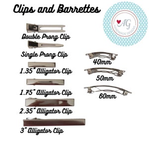 May include: Assortment of silver hair clips and barrettes in various sizes.  Clips include double prong, single prong, and alligator clips in sizes 1.35 inches, 1.75 inches, 2.35 inches, and 3 inches. Barrettes are available in 40mm, 50mm, and 60mm sizes.
