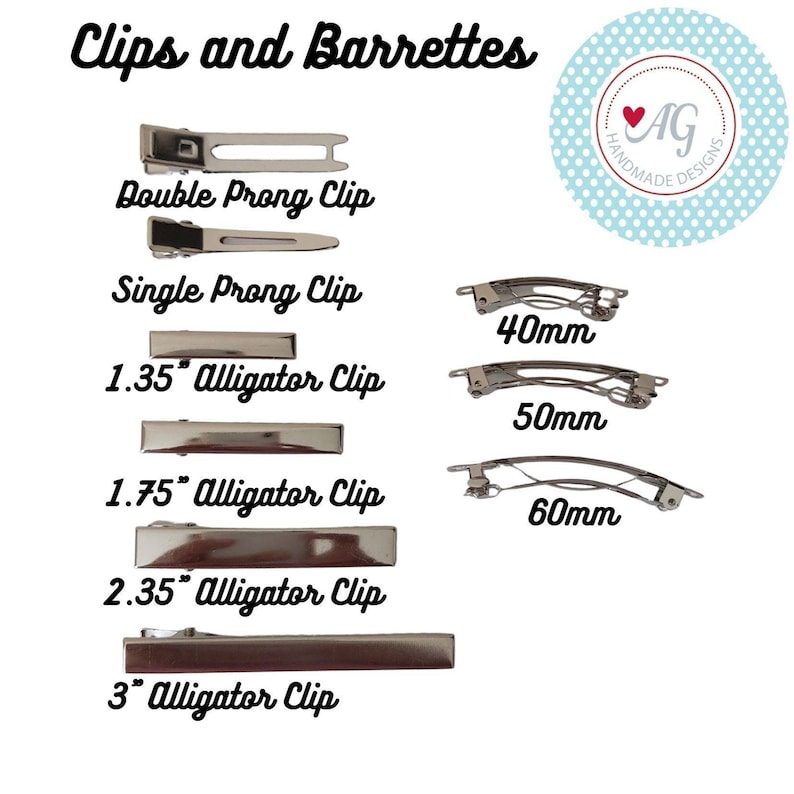 May include: Assortment of silver hair clips and barrettes in various sizes.  Clips include double prong, single prong, and alligator clips in sizes 1.35 inches, 1.75 inches, 2.35 inches, and 3 inches. Barrettes are available in 40mm, 50mm, and 60mm sizes.