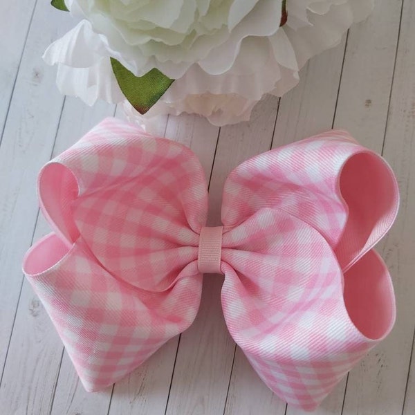 XL Large Easter Boutique Hair Bow, Pink Gingham Boutique Hair Bow, 6 Inch Boutique Hair Bow, Large Pink Hair Bow, Pastel Color Hair Bow