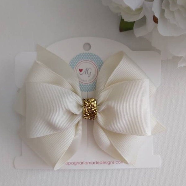 CHOOSE YOUR STYLE Hair Bow, Ivory and Gold Hair Bow, Christmas Hair Bow, Holidays Hair Bow, Ivory Hair Bow, Hair Bows for Girls, Toddler Bow