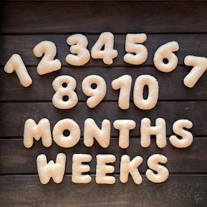 Pode incluir: Números de feltro bege de 1 a 10 e as palavras "MONTHS" e "WEEKS" dispostos em uma superfície de madeira marrom escura.