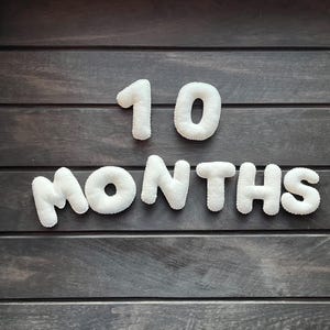 May include: White felt letters spelling out "10 months" on a dark wood background.