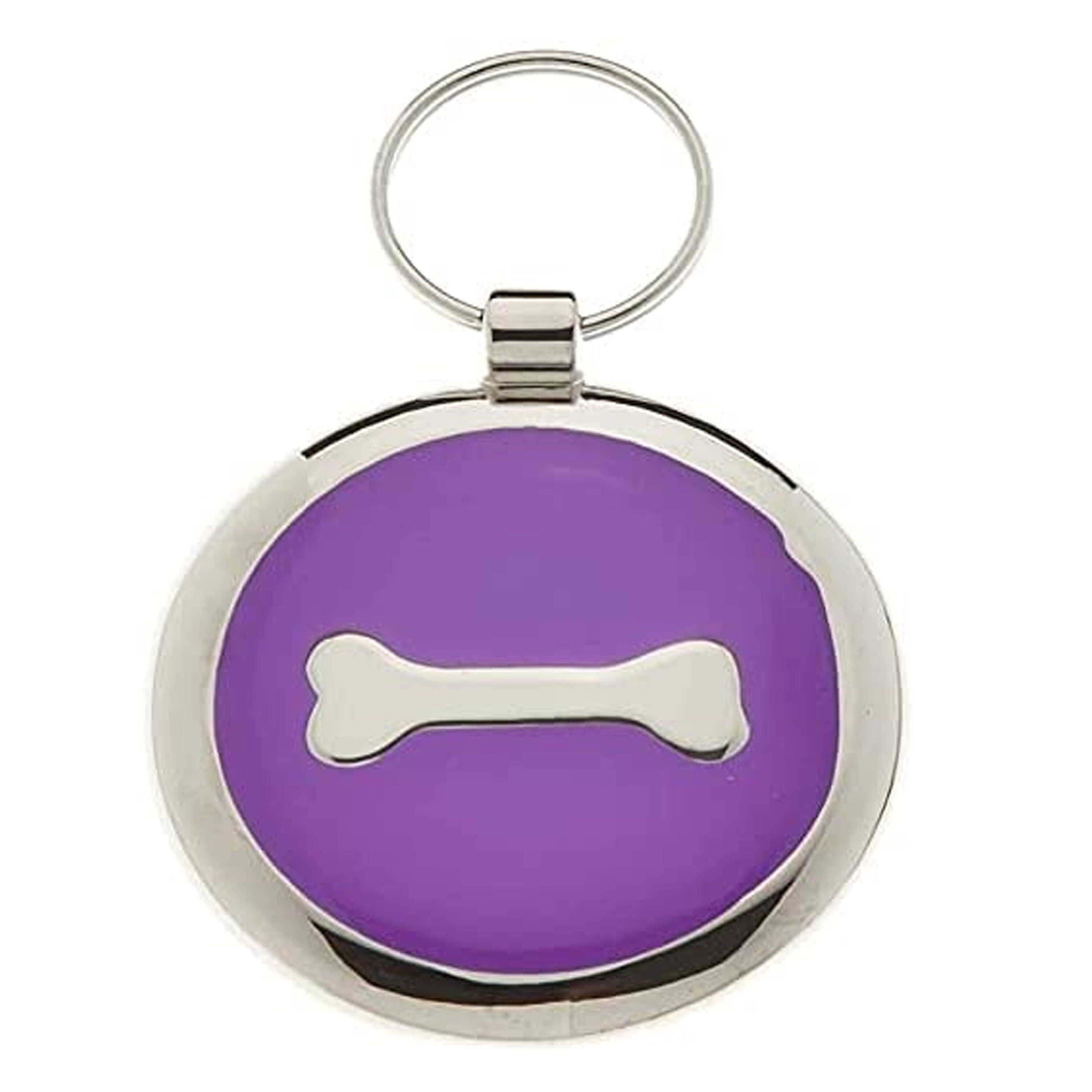 Small Personalised Purple Dog ID Tag With Silver Crystal Diamante Paw Print Design Laser Engraved Circle Pet Collar Charm 22mm