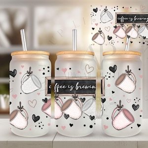 Coffee is Brewing Glass Can | 16 oz | Glass Cup | Glass Straw | Bamboo Lid | Beer Can | Coffee Can | Iced Coffee Cup | Gifts