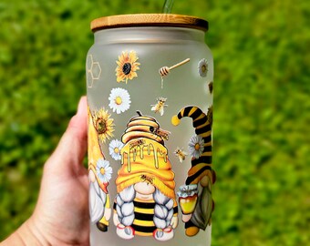 Honeybee Gnomes Glass Can | 16 oz | Glass Cup | Glass Straw | Bamboo Lid | Beer Can | Coffee Can | Iced Coffee Cup | Gifts For Her