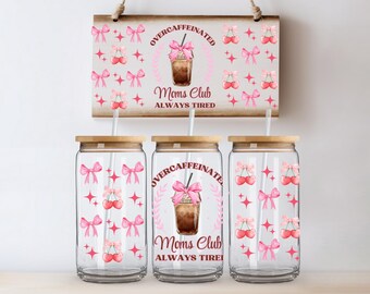 Over Caffeinated Moms Club Glass Can | 16 oz | Glass Cup | Glass Straw | Bamboo Lid | Beer Can | Coffee Can | Iced Coffee Cup | Gifts