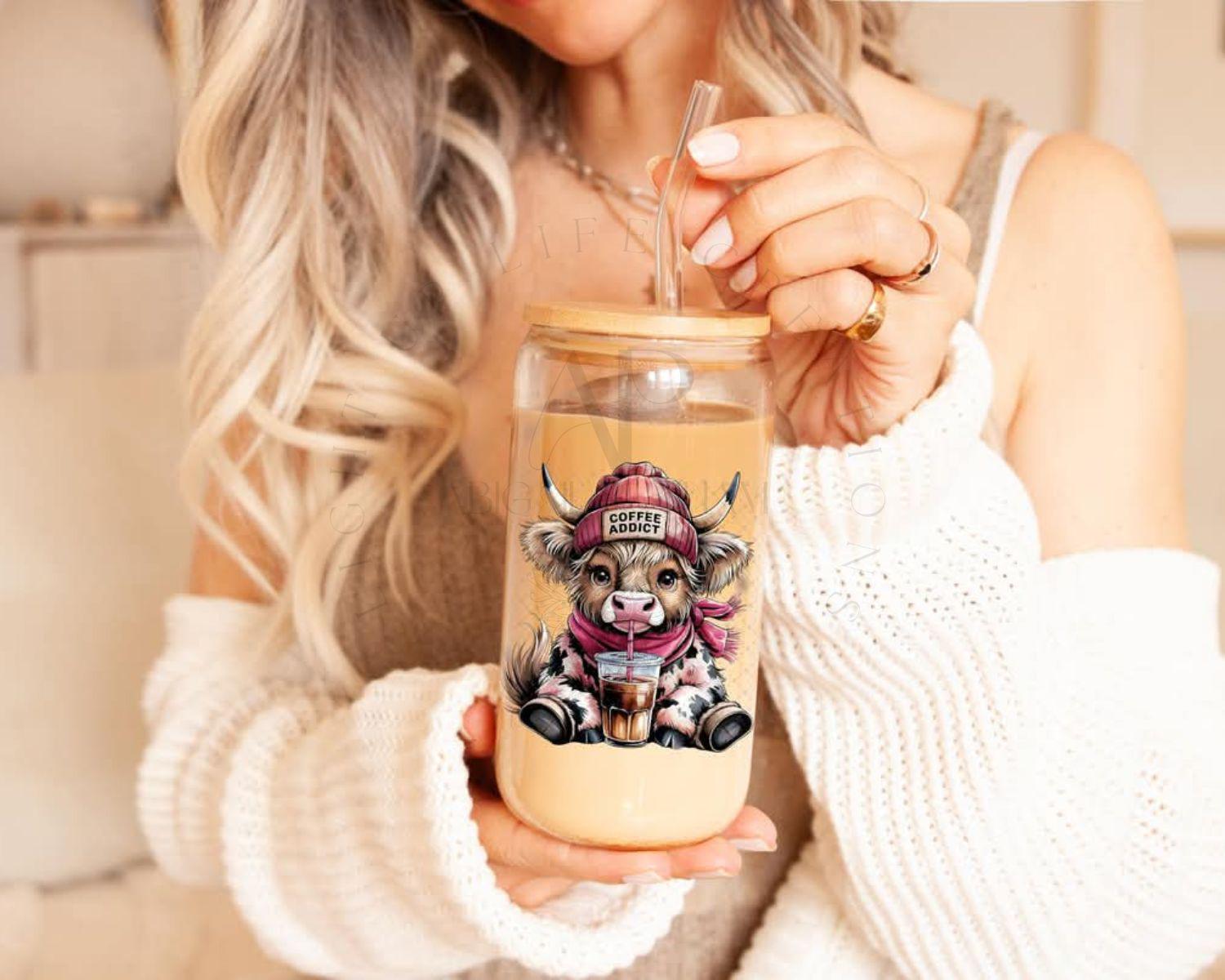 Coffee Addict Highland Cow Glass Can | 16 oz | Glass Cup | Glass Straw | Bamboo Lid | Beer Can | Coffee Can | Iced Coffee Cup | Gifts