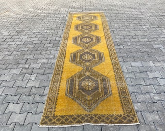 Oushak Runner Rug, Vintage Runner Rug, Turkish Runner Rug,3.8 x 12.6 Ft,Wool Runner Rug, 4x12 Runner Rug, 4x12 Handmade Rug, 4x12 Faded Rug