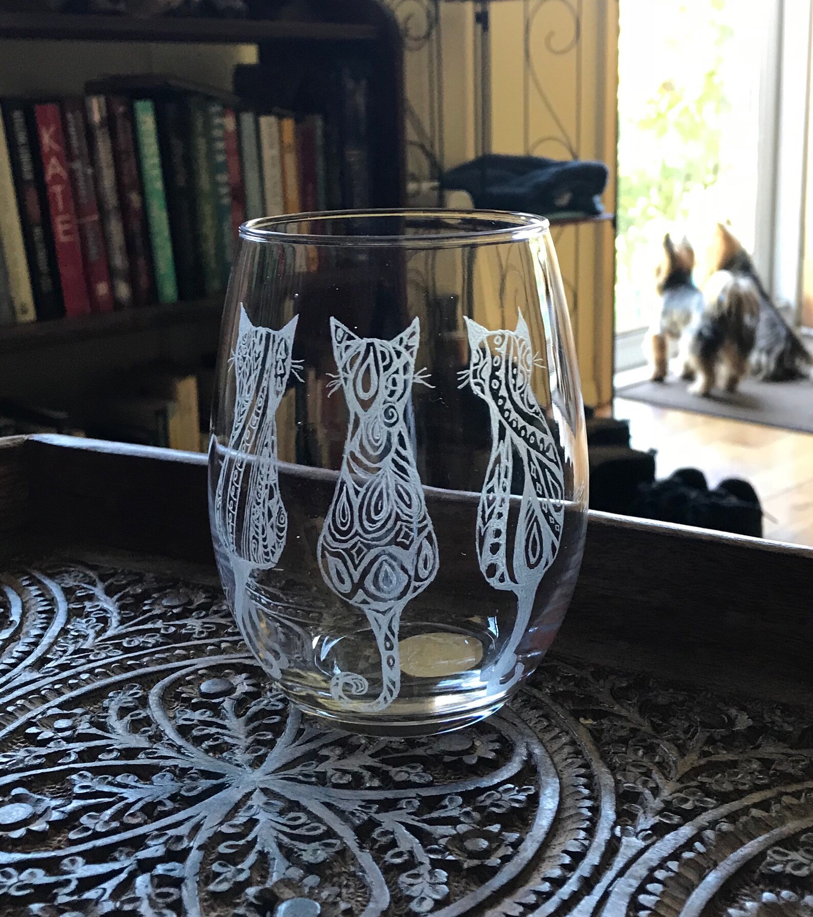 Cat Lover Stemless Wine Glass,tribal Pattern Cat Motif,cat Lover Wine