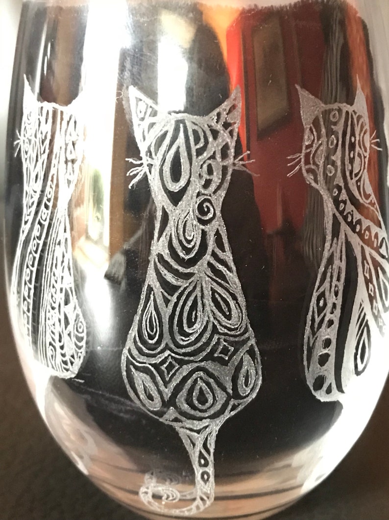 Cat Lover Stemless Wine Glass,tribal Pattern Cat Motif,cat Lover Wine