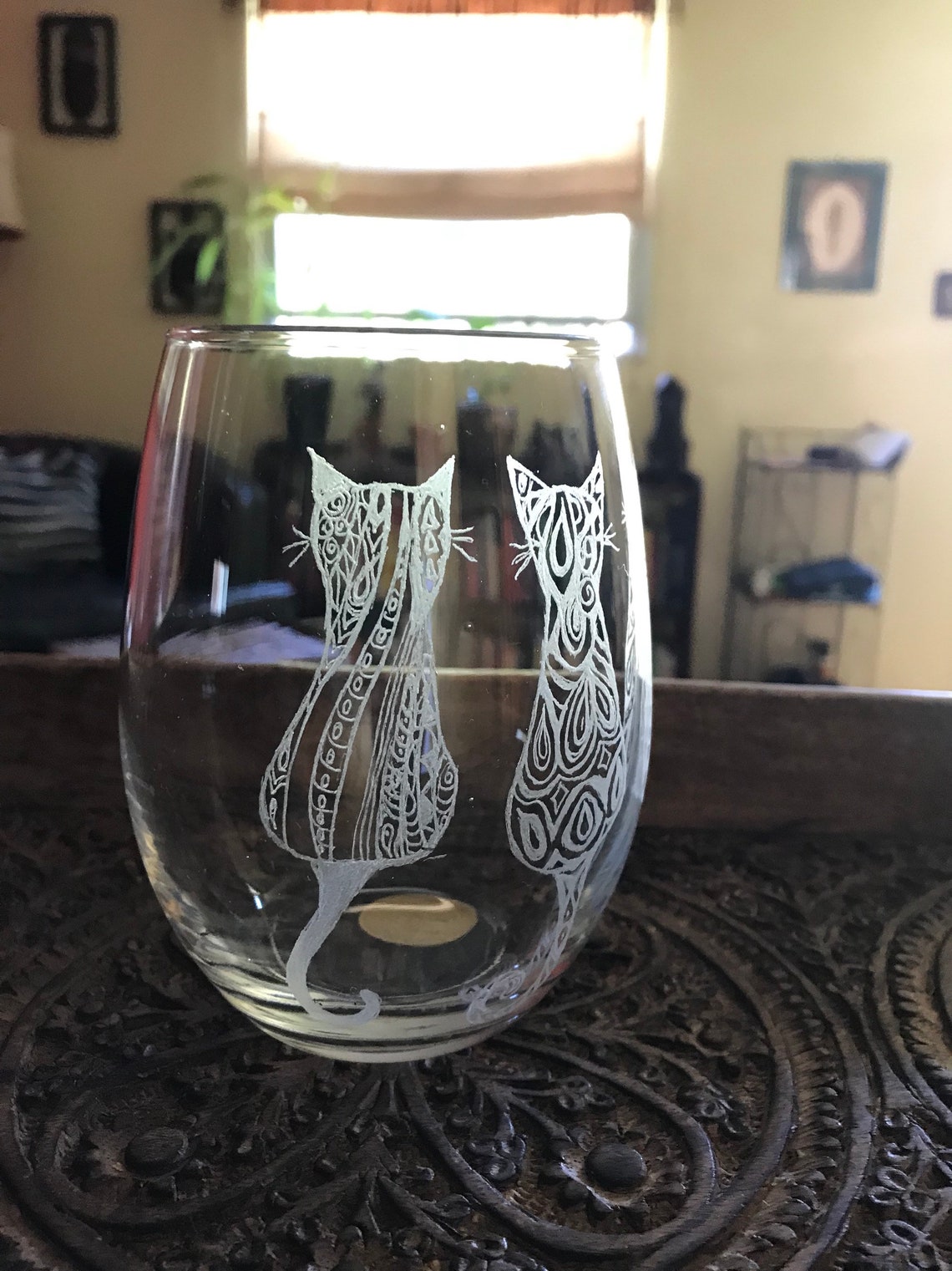 Cat Lover Stemless Wine Glass,tribal Pattern Cat Motif,cat Lover Wine