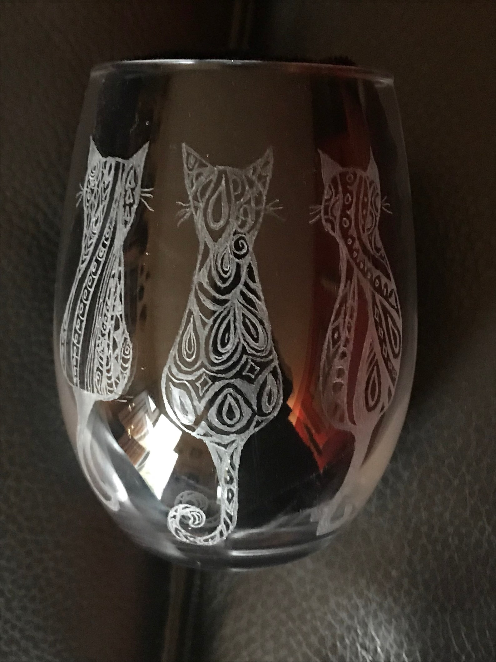 Cat Lover Stemless Wine Glass,tribal Pattern Cat Motif,cat Lover Wine