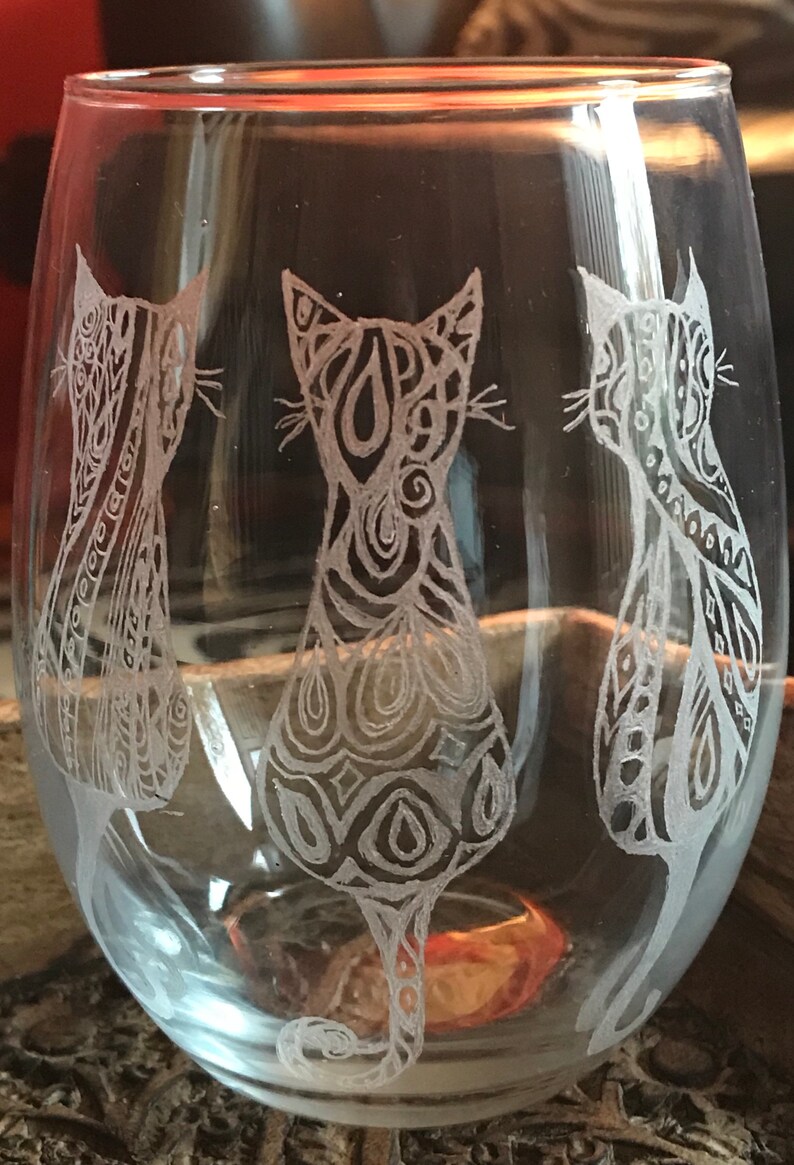 Cat Lover Stemless Wine Glass,tribal Pattern Cat Motif,cat Lover Wine