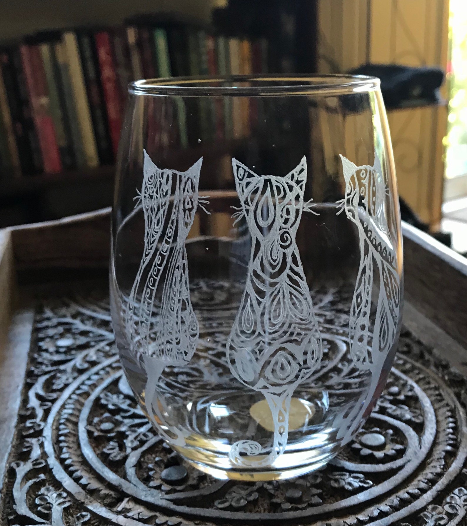 Cat Lover Stemless Wine Glass,tribal Pattern Cat Motif,cat Lover Wine