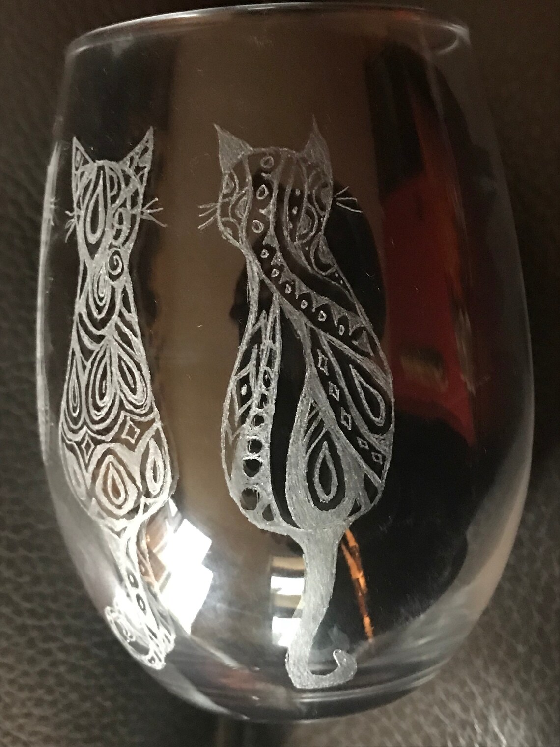 Cat Lover Stemless Wine Glass,tribal Pattern Cat Motif,cat Lover Wine