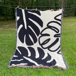 Monstera Woven Blanket In Black And White