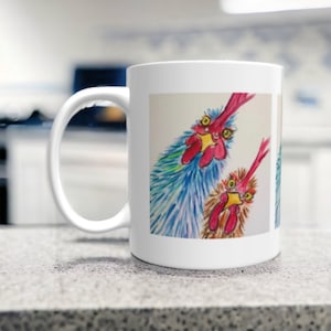 Two funky chicken on a mug.