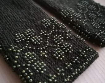 Handgefertigte Merino Wolle Perlen Pulswärmer - Haki Grüne Boho Handschuhe