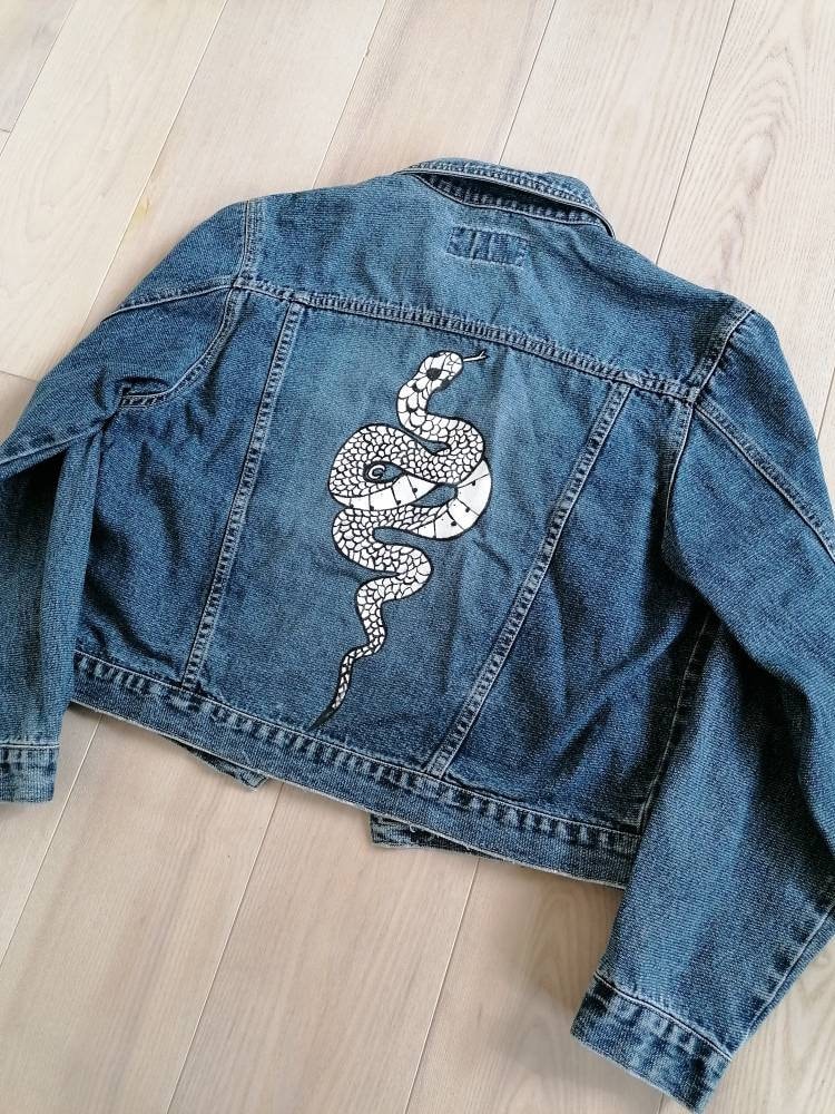 Hand-painted Denim Jacket: Recycled Jeans With White Snake Art - Etsy