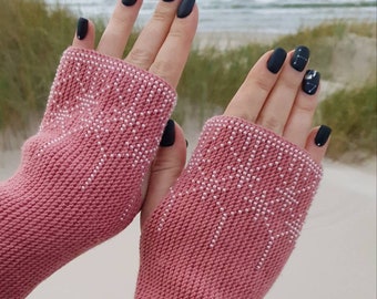 Handgemachte Perlen Merino Wolle Pulswärmer - Altrosa Strickfäustlinge