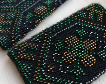 Handgefertigte Perlen Wolle Pulswärmer: Boho fingerlose Handschuhe