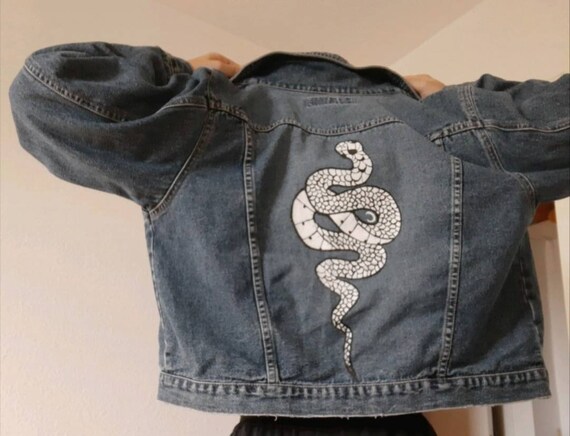 Hand-painted Denim Jacket: Recycled Jeans With White Snake Art - Etsy