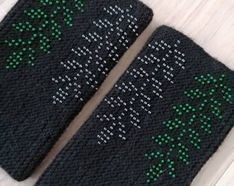 Perlen Merino Wolle Pulswärmer: Grünes Blatt Handgestrickte Manschetten