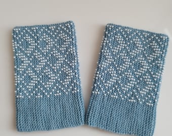 Sky-blue, white pearls, beaded cuff, Handmade wrist warmers,wrist warmers,handknitted gloves, boho chic, nice, gift, idea, handmade present