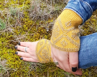 Handgemachte Perlen Merino Wolle Pulswärmer - Gelbe Boho Manschetten