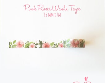 Pink Roses Washi Tape - Flower Planner Tape - Bullet Journal Accessories - Masking Tape - 15 mm x 7 m - Sample or Full Roll