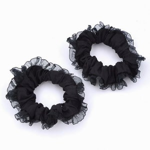 2 elastic satin hair scrunchies with fancy border 8cm black