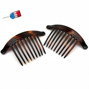 Set of 2 large hair bun combs, Made in France, 11.5cm, Brown