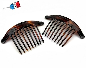Set of 2 large hair combs for chignons, Made in France, 11.5cm, Brown