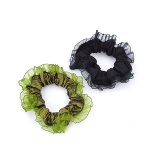 2 satin elastic hair scrunchies with fancy border 8cm green/black