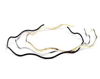 Set of 3 thin wavy metal headbands in gold, silver and black