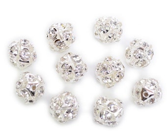 10 perles strass 12mm ronde métal argenté