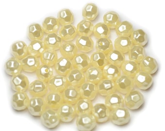 Set of 50 faceted, pearly acrylic beads, 9mm, ivory