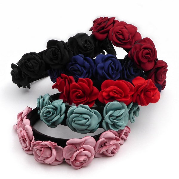 Serre tête velours avec fleur rose en satin