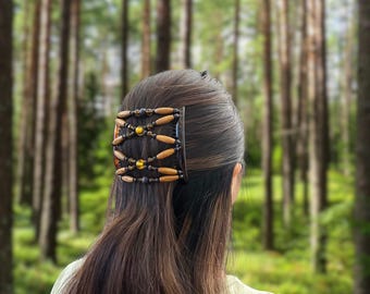 Double hair comb - brown wooden bead bun accessory