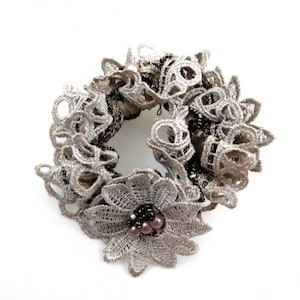 Elastic hair scrunchie or pearl flower bracelet - beige