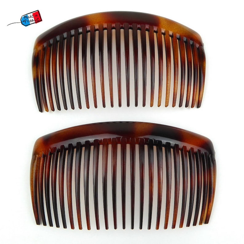 2 large brown side combs Made in France 10.3cmx5.6cm, hairdressing accessory image 1