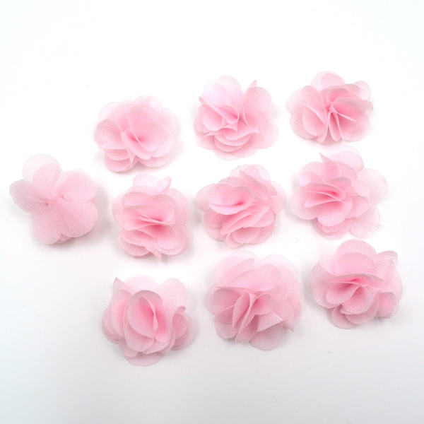 Lot de 10 petites fleurs en tissu voile rose pâle