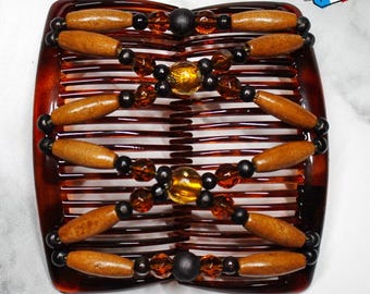 Double hair comb - brown wooden bead bun accessory